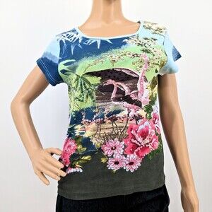 Vintage 90s y2k Take Two Ringer Tee Floral Tropical Falmingo Sequins Size S